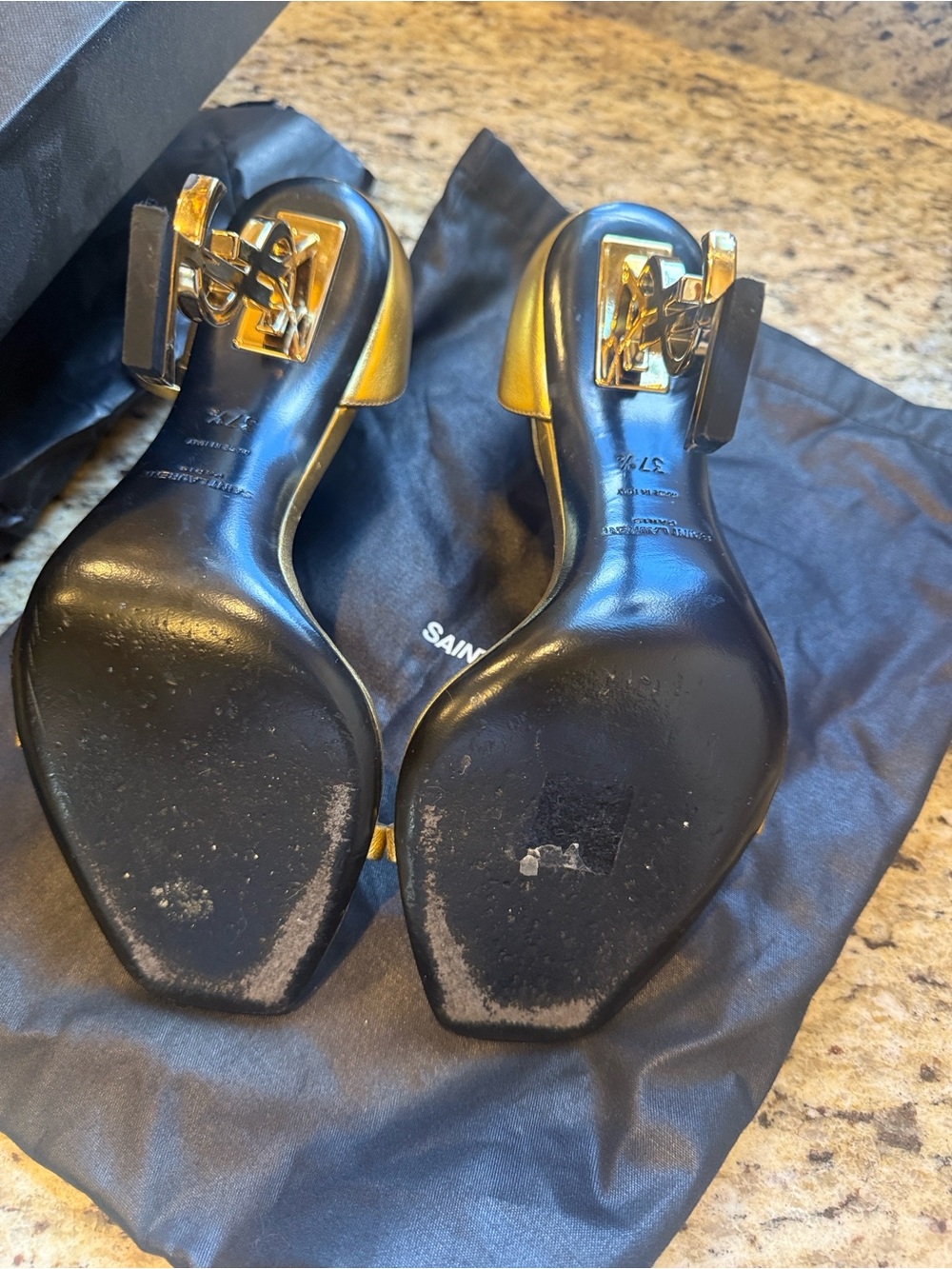 Saint Laurent Gold Leather Ankle-Strap Heels with YSL Sculpted Heel - Picture 5 of 5